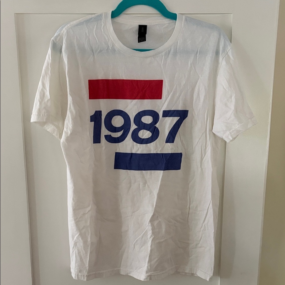Men’s White Short Sleeve Tee with Blue 1987 Graphic and Blue Red Stripe